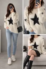 レディース ファー ニット アイボリー 星 ニット / スター POINT 冬ニット FF