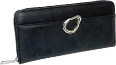 Crossmarbery(クロスマーベリー) 長財布 レディース 黒 大容量 使いやすい ヴィンテージ シンプル スウェード調 ラウンド ファスナー ワンポイント 金具 合皮 (ブラック,  厚さ2.5cm、横20cm、高さ9.5cm)