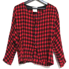 美品 80’S Yohji Yamamoto ヨウジヤマモト ヴィンテージ チェック柄 ノーカラー ウール ブラウス カーディガン M レッド ブラック レディース 古着 中古 USED
