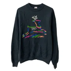 90s USA製 FRUIT OF THE LOOM プリントスウェット トレーナー XL ブラック フルーツオブザルーム プルオーバー アニマル 春秋物 a803-6559