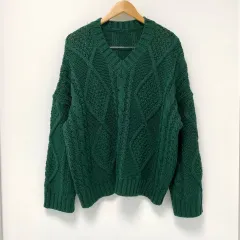 ダークグリーン オーバーサイズ Vネック ケーブル編み ニット