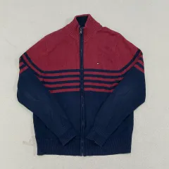 S Tommy Hilfiger トミーヒルフィガー レッド ブラック ストライプ コットン ニット セーター ジップアップ 0129-1
