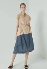 ハンサム SJSJ カラーブロック シャカシャカ素材 バイカラー リボン ティアード ロング丈ワンピース バンディング ノースリーブ ノースリーブ