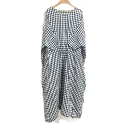 美品 jujudhau ズーズーダウ ギンガムチェック柄 七分袖 リネン巾着ドレス ロングワンピース ブラック ホワイト レディース 古着 中古 USED