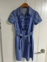 (日本ヴィンテージ)ストライプ ONE PIECE フリル 半袖 Tシャツ ブルー 綿100％