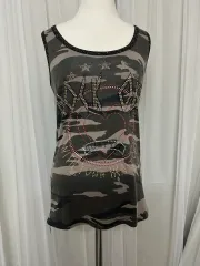 カモフラージュ ストーン装飾 ノースリーブ Tシャツ