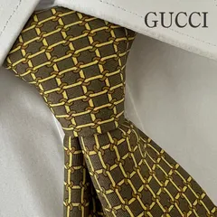 《訳アリ》GUCCI (グッチ) シルクネクタイ イタリア製 総柄 チェーン 幾何学模様 ブラウン系