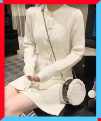 新品 ケーブル編みニットワンピースミニ丈韓国風 ワンピース低身長秋 金ボタン羽織り長袖 クルーネックニット【送料無料】