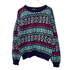 90s USA製 atlas ニット セーター L ネイビー マルチカラー プルオーバー 90年代 総柄 民族柄 ボーダー ヒッピー 秋物 a803-6629