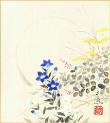 山崎祥平 肉筆色紙 草花 うさぎ 書画　落款　つゆ草のうた夢鬼　シミあり 山崎祥平 肉筆色紙 草花 うさぎ 書画 落款 つゆ草のうた夢鬼 シミあり