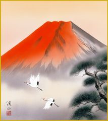 掛け軸 石田雪外 赤富士飛鶴 絹本 希少 軸装 茶道具 掛軸 美品 です