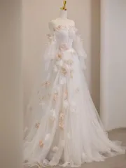 【送料無料】フレンチ 軽婚紗 2026 新作 小柄 対応 オフショルダー 立体 フラワー パフスカート ドレス 小拖尾 付 手袋 ベール 入場 エンゲージメント 豪華 大人 女性用 結婚式 二次会 S M L XL 2XL 3XL 人気 限定 完備