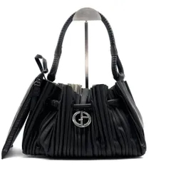高級 GIORGIO ARMANI ジョルジオアルマーニ ハンドバッグ プリーツ ギャザー ナッパレザー ブラック シルバー金具 GAロゴ ポーチ付 手提げ 鞄 レディース 希少モデル パーティー お呼ばれ 2次会 記念日 プレゼント ギフト 真贋鑑定済のサムネイル