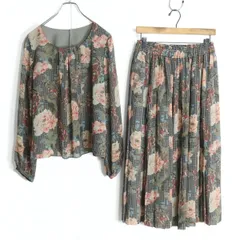 【美品】インゲボルグ★シフォンの上下セット♪ブラウス&スカート サイズ11 グレー系 千鳥格子&花柄♪薄手 z19054