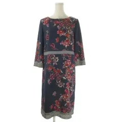 スーナウーナ Sunauna ワンピース 38 紺 ネイビー 花柄 ラウンドネック 七分袖 /CK33 ■GY61