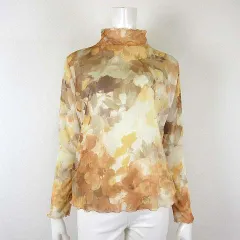 シャンドマルス Champs de Mars トップス カットソー 花柄 シアー シフォン フリル メロウ ハイネック 長袖 L 40 オレンジ ベージュ アイボリー