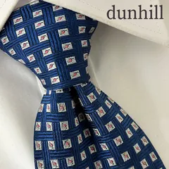 《訳アリ》dunhill (ダンヒル) シルクネクタイ 総柄 幾何学 スクエア ネイビー ホワイト ピンク