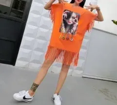 新品 装飾 タッセル裾 ルーズフィット ロング Tシャツ