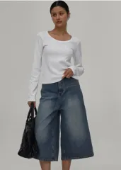 ブラックアップ Uネック スタンダード ベーシック 長袖Tシャツ 白