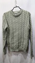 日本GU綿100％薄カーキケーブル編みラウンドネックニット M sre