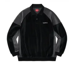 M シュプリーム パネルド ベロア ロングスリーブ ポロ ブラック - 22FW