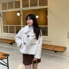 春 トグルボタン カラ フリース コート-ブラウン