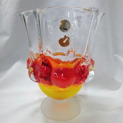 レトロ ガラス アート グラス 花瓶 足付き 金彩 Art アンティーク 耳