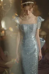 【送料無料】ブルー 2026 新作 オフ ショルダー マーメイド ロング ドレス スパンコール 輝き エンゲージメント 婚約 披露宴 乾杯 二次会 忘年会 新年会 司会者 MC 高級感 ラグジュアリー 個性的 スリム XS S M L 注文 可能 上品人気限定