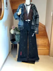 デニム ワイド パンツ + CHECK コーディガン コーデ セット