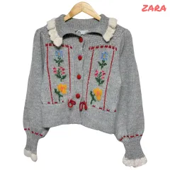 3764 ザラ グレー レース パフ 刺繍 ニットカーディガン