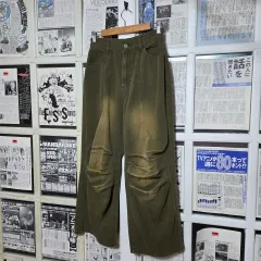 JPN カーキ サンドウォッシュ ピンタック ワイド パンツ