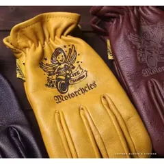 ハーレー バイク用 本革 レザーグローブ 革手袋 イエロー S M ライディンググローブ ツーリング 春夏秋 メンズ レディース