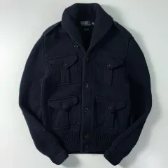 POLO ポロ ラルフローレン ヘビーウール ショールカラー ネイビー ニットカーディガン