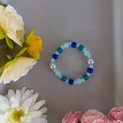 ハンドメイド／ブルー×ターコイズ ビーズブレスレット／パールアクセント入り