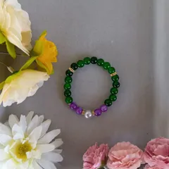 ハンドメイド／グリーン×パープル ビーズブレスレット／パール＆ゴールドアクセント入り