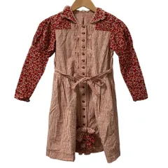 美品 BABY PINK HOUSE ベビーピンクハウス チェック フラワー リボン 長袖 シャツワンピース キッズ サイズ120cm レッド キッズ 古着 中古 USED
