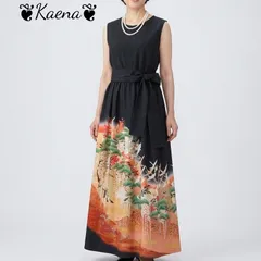 着物リメイク ロング ギャザー ワンピース  黒留袖 Aライン マキシ丈ドレス 飛鶴松吉祥花文  作家物 山本寛斎 金彩 駒刺繍 暈し染め ブラック 黒