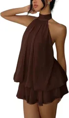 AQUA Marine レディース ミニワンピース ホルターネック シフォン 軽やかフレア ドレス きれいめデザイン Aライン かわいい SNS映え スタイルアップ デート 旅行 リゾート (ブラウン,  S)