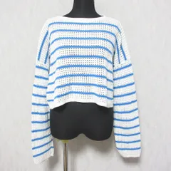 美品 23SS Spick&Span スピック＆スパン ボーダークロッシェニット 長袖 プルオーバー ショート丈 カットソー ホワイト×ブルー レディース 古着 中古 USED