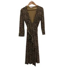 美品 DIANE von FURSTENBERG ダイアンフォンファステンバーグ シルク 七分袖 ラップワンピース サイズ2 ベージュ×ブラック レディース 古着 中古 USED