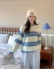 アイボリー ブルー ストライプ ニット