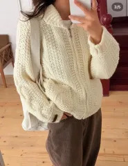 ジュミエンヌ ハンドメイド アイボリー ケーブル編み ニート ジップアップ カーディガン