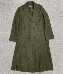 ウール100％ カーキ ヘリンボーン ロングコート / Classic ダブルコート