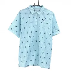 【超美品】プーマ 半袖ポロシャツ 白×ライトブルー ペナント柄 ストライプ サッカー生地風 メンズ XL ゴルフウェア PUMA