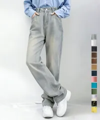 【チャコールグレー・カーキ】デニムパンツ レディース 韓国風 ワイドパンツ ハイウエスト ストレート ジーンズ 美脚 脚長 体型カバー ゆったり ロング フック付き 調整可能 カジュアル 着やせ CH84TIANHEYT-044