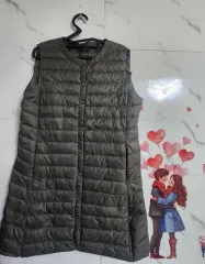 新品 カーキ色 ダウン充填材 レディース 軽量 ロング ダウンベスト フリーサイズ