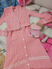 ピンク ニット ロング カーディガン ベルト セット