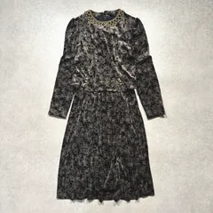 ワンピース レトロ ベロア ロング丈 一点物 vintage ヴィンテージ 総柄 花柄 フラワー ブラック 黒 Aライン フレア 装飾 9号 Mサイズ YY260211