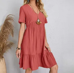 【レッド】レディース ワンピース ミモレ丈 フレア 夏 半袖 ロング Vネック 体型カバー 涼しい 涼感 ゆったり ナチュラル カジュアル