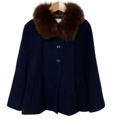 美品 Apuweiser-riche アプワイザーリッシェ フォックスファー アンゴラブレンド メルトン ショートコート サイズ2 ネイビー レディース 古着 中古 USED